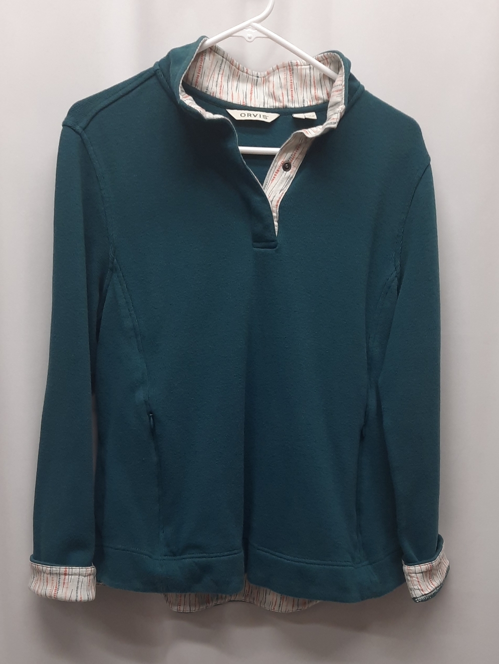Orvis Women's Large L Teal Cotton Snap Pullover Sweatshirt Print Trim Casual